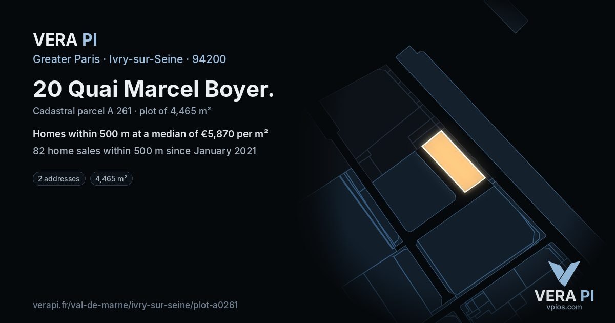 20 Quai Marcel Boyer, Ivry-sur-Seine at night – the plot lit, the parcels around coloured by the prices near them