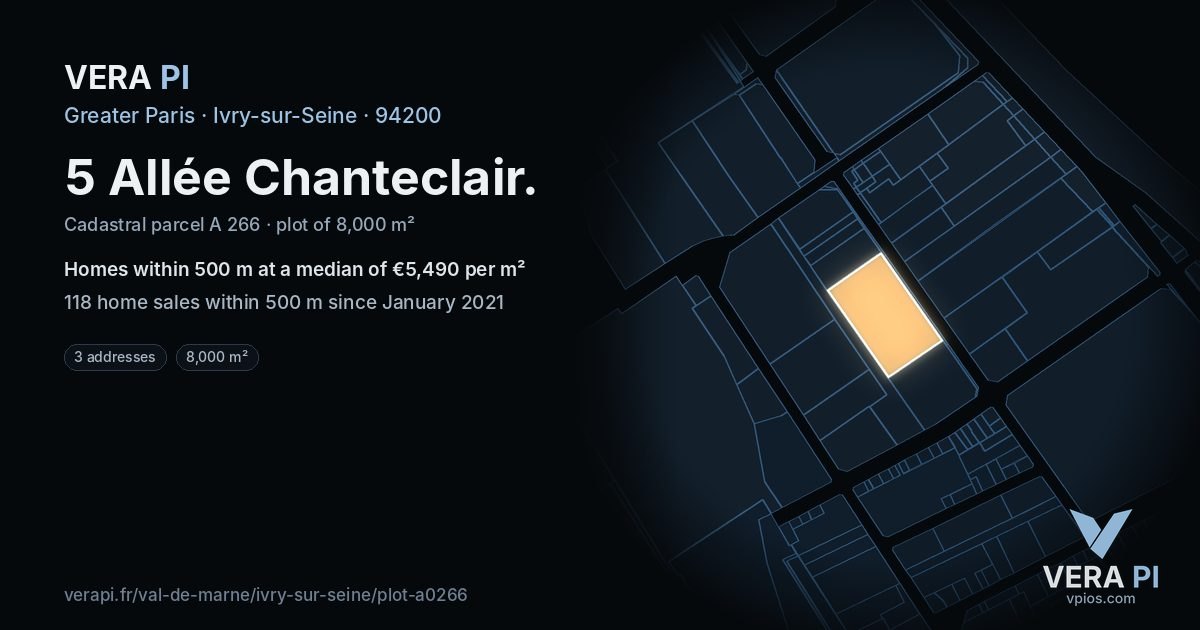 5 Allée Chanteclair, Ivry-sur-Seine at night – the plot lit, the parcels around coloured by the prices near them