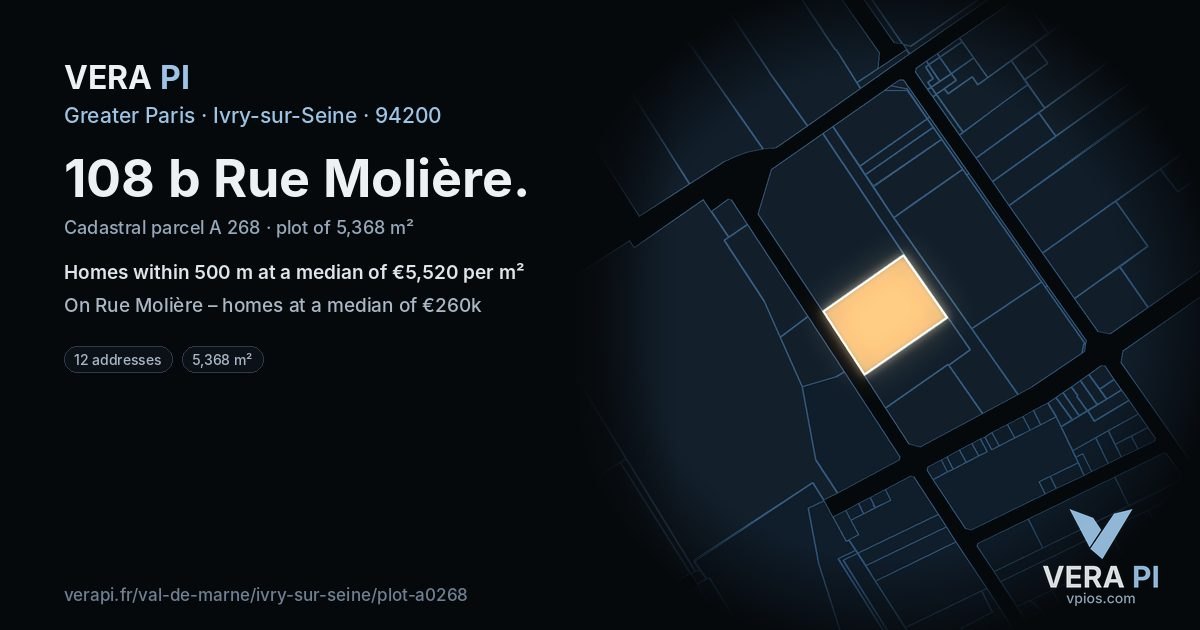 108 b Rue Molière, Ivry-sur-Seine at night – the plot lit, the parcels around coloured by the prices near them