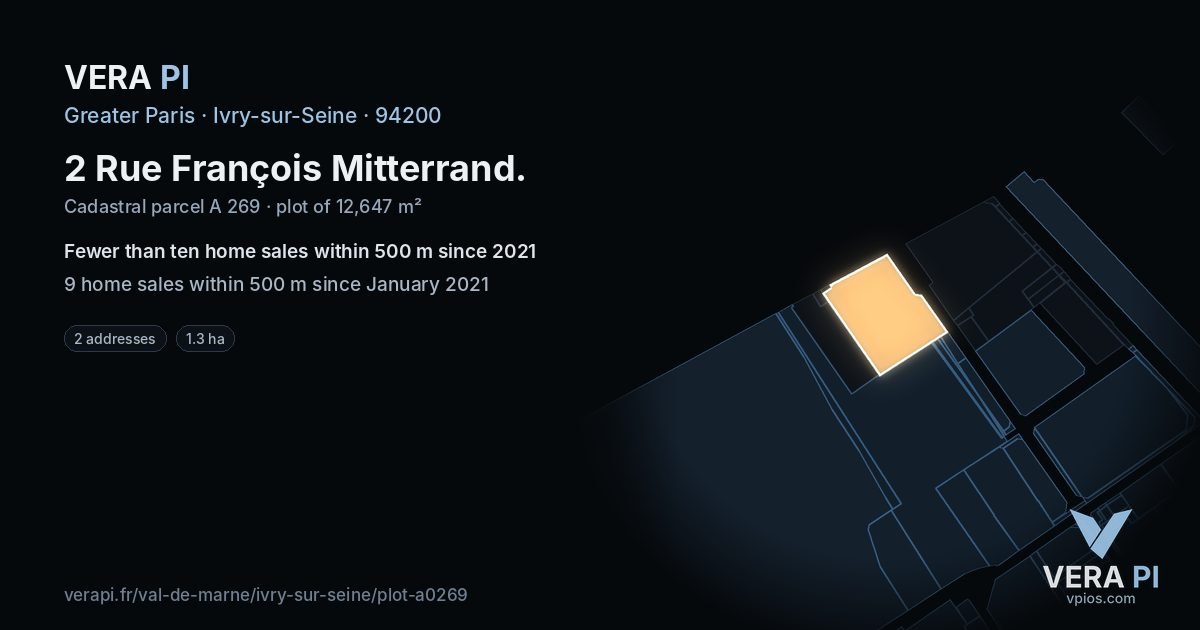 2 Rue François Mitterrand, Ivry-sur-Seine at night – the plot lit, the parcels around coloured by the prices near them