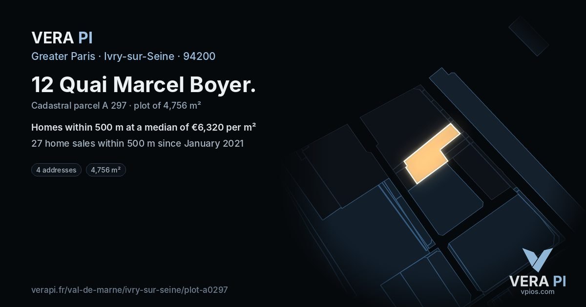 12 Quai Marcel Boyer, Ivry-sur-Seine at night – the plot lit, the parcels around coloured by the prices near them