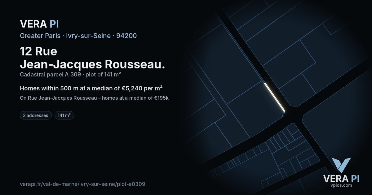 12 Rue Jean-Jacques Rousseau, Ivry-sur-Seine at night – the plot lit, the parcels around coloured by the prices near them