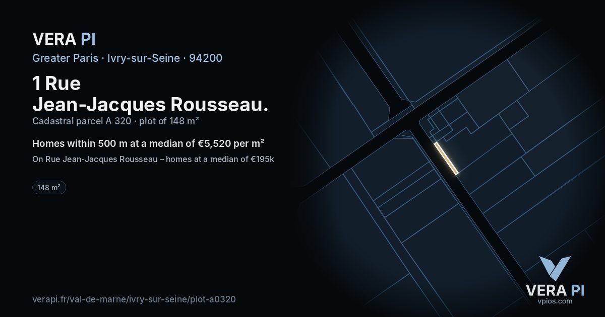 1 Rue Jean-Jacques Rousseau, Ivry-sur-Seine at night – the plot lit, the parcels around coloured by the prices near them
