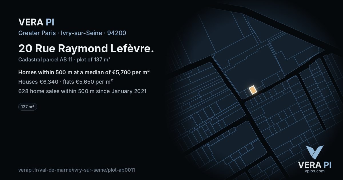 20 Rue Raymond Lefèvre, Ivry-sur-Seine at night – the plot lit, the parcels around coloured by the prices near them