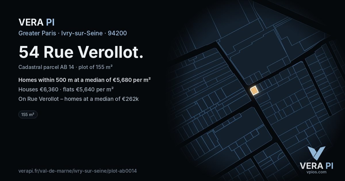 54 Rue Verollot, Ivry-sur-Seine at night – the plot lit, the parcels around coloured by the prices near them