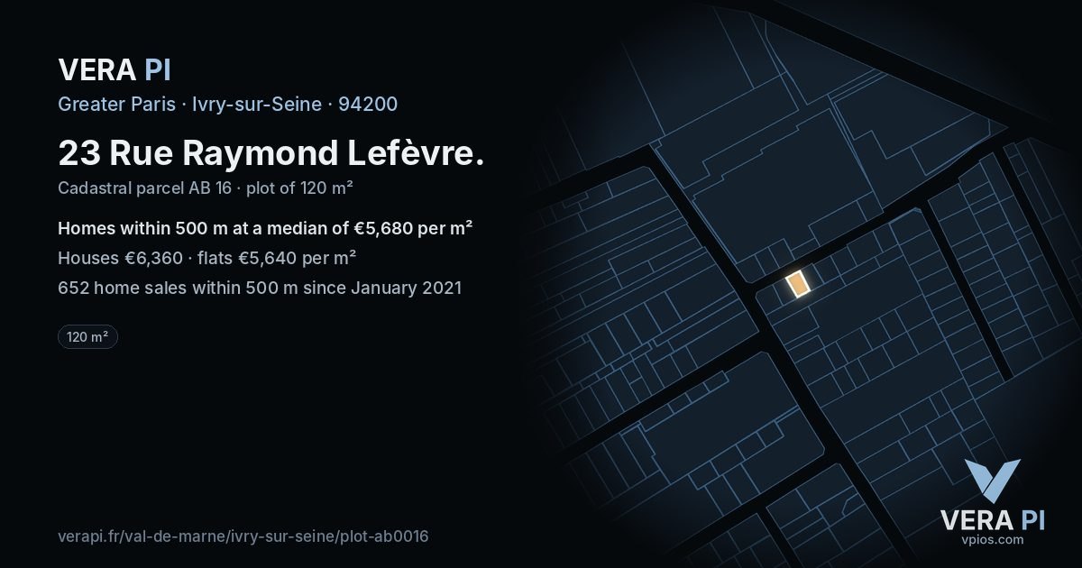 23 Rue Raymond Lefèvre, Ivry-sur-Seine at night – the plot lit, the parcels around coloured by the prices near them