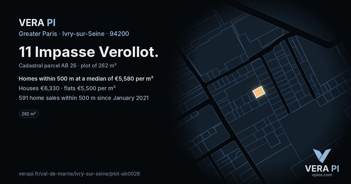 11 Impasse Verollot, Ivry-sur-Seine at night – the plot lit, the parcels around coloured by the prices near them