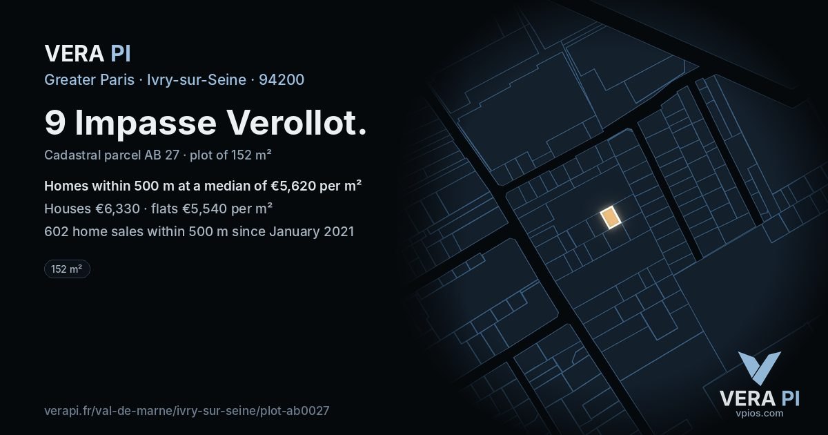 9 Impasse Verollot, Ivry-sur-Seine at night – the plot lit, the parcels around coloured by the prices near them
