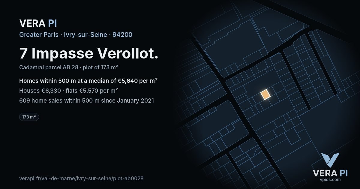 7 Impasse Verollot, Ivry-sur-Seine at night – the plot lit, the parcels around coloured by the prices near them