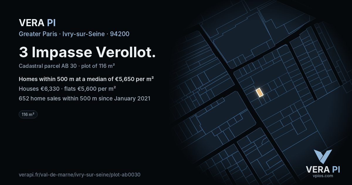 3 Impasse Verollot, Ivry-sur-Seine at night – the plot lit, the parcels around coloured by the prices near them