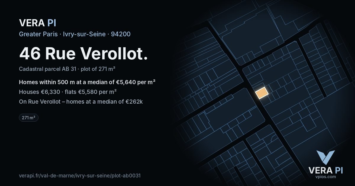 46 Rue Verollot, Ivry-sur-Seine at night – the plot lit, the parcels around coloured by the prices near them