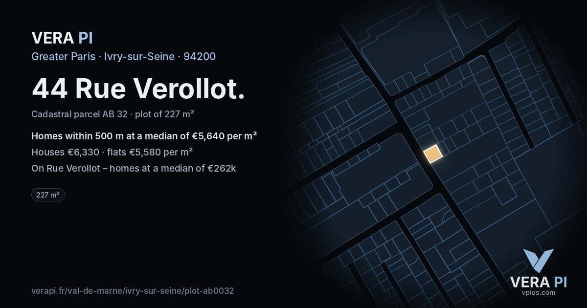 44 Rue Verollot, Ivry-sur-Seine at night – the plot lit, the parcels around coloured by the prices near them