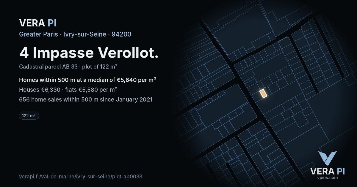 4 Impasse Verollot, Ivry-sur-Seine at night – the plot lit, the parcels around coloured by the prices near them