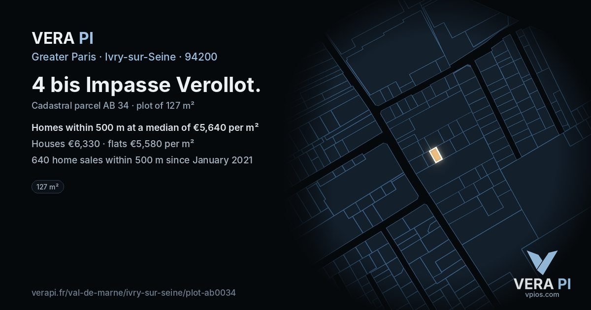 4 bis Impasse Verollot, Ivry-sur-Seine at night – the plot lit, the parcels around coloured by the prices near them