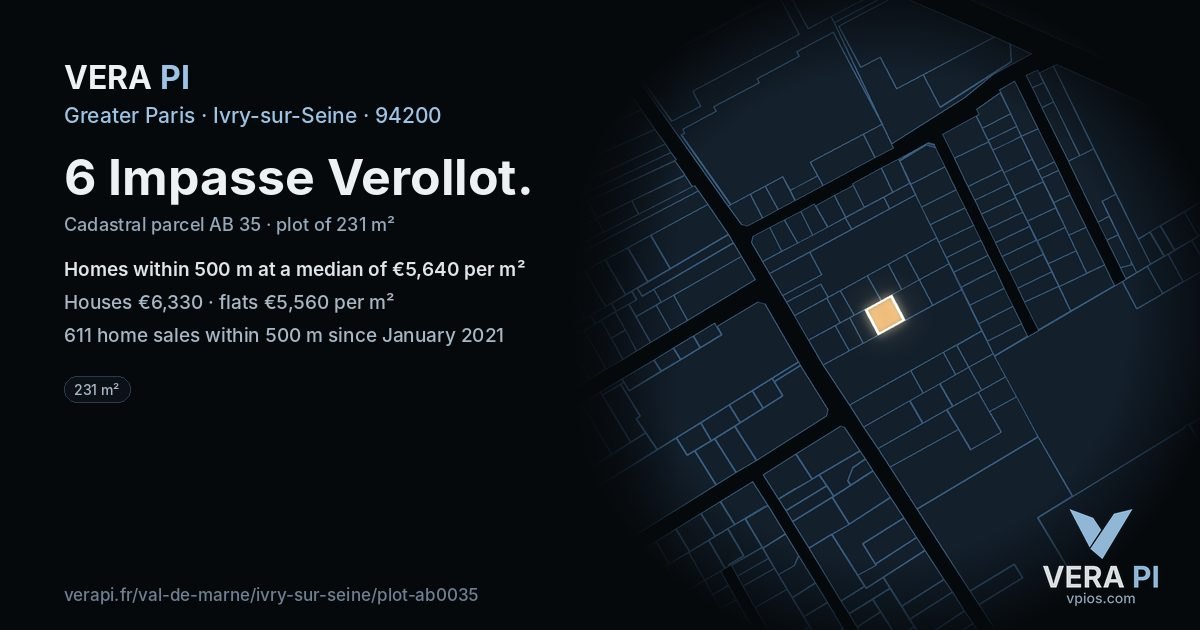 6 Impasse Verollot, Ivry-sur-Seine at night – the plot lit, the parcels around coloured by the prices near them