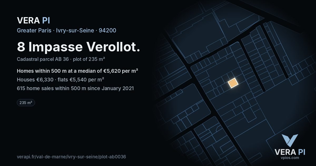 8 Impasse Verollot, Ivry-sur-Seine at night – the plot lit, the parcels around coloured by the prices near them