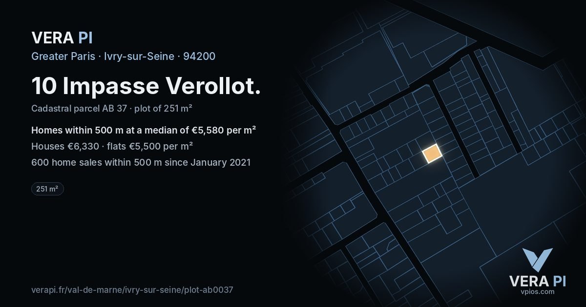 10 Impasse Verollot, Ivry-sur-Seine at night – the plot lit, the parcels around coloured by the prices near them
