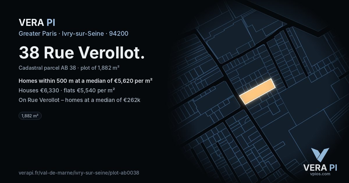 38 Rue Verollot, Ivry-sur-Seine at night – the plot lit, the parcels around coloured by the prices near them