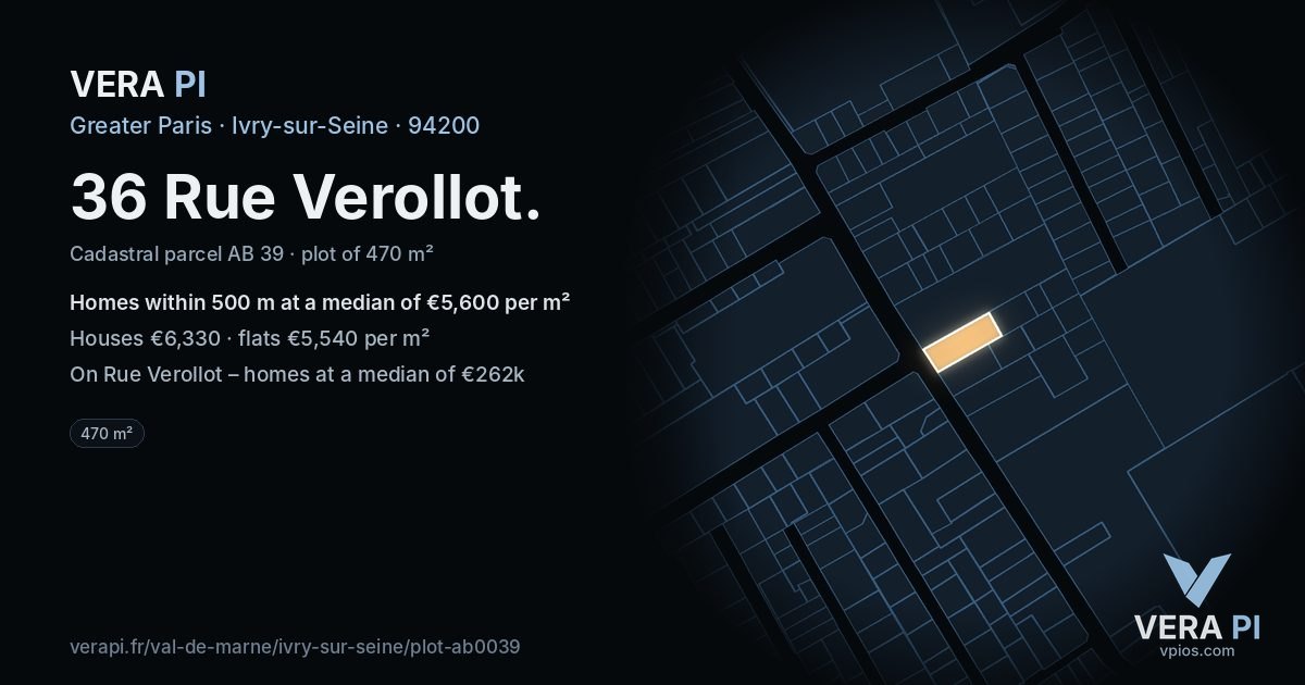 36 Rue Verollot, Ivry-sur-Seine at night – the plot lit, the parcels around coloured by the prices near them