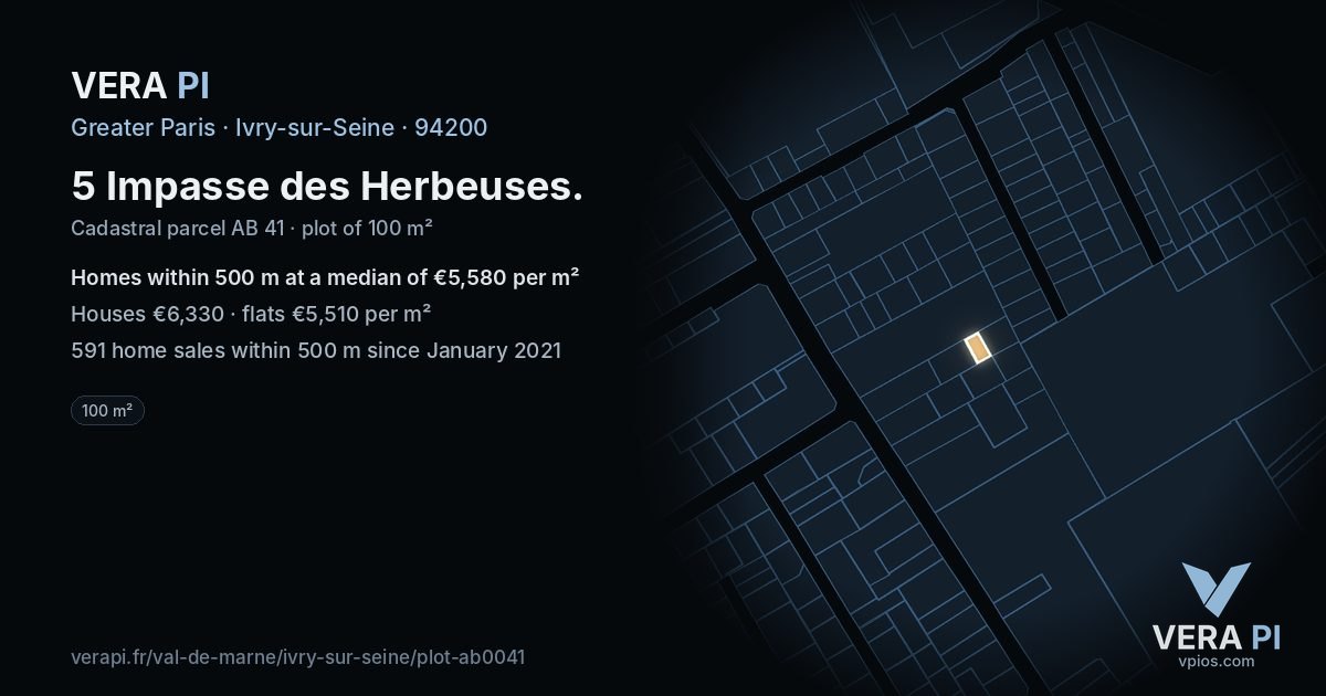 5 Impasse des Herbeuses, Ivry-sur-Seine at night – the plot lit, the parcels around coloured by the prices near them