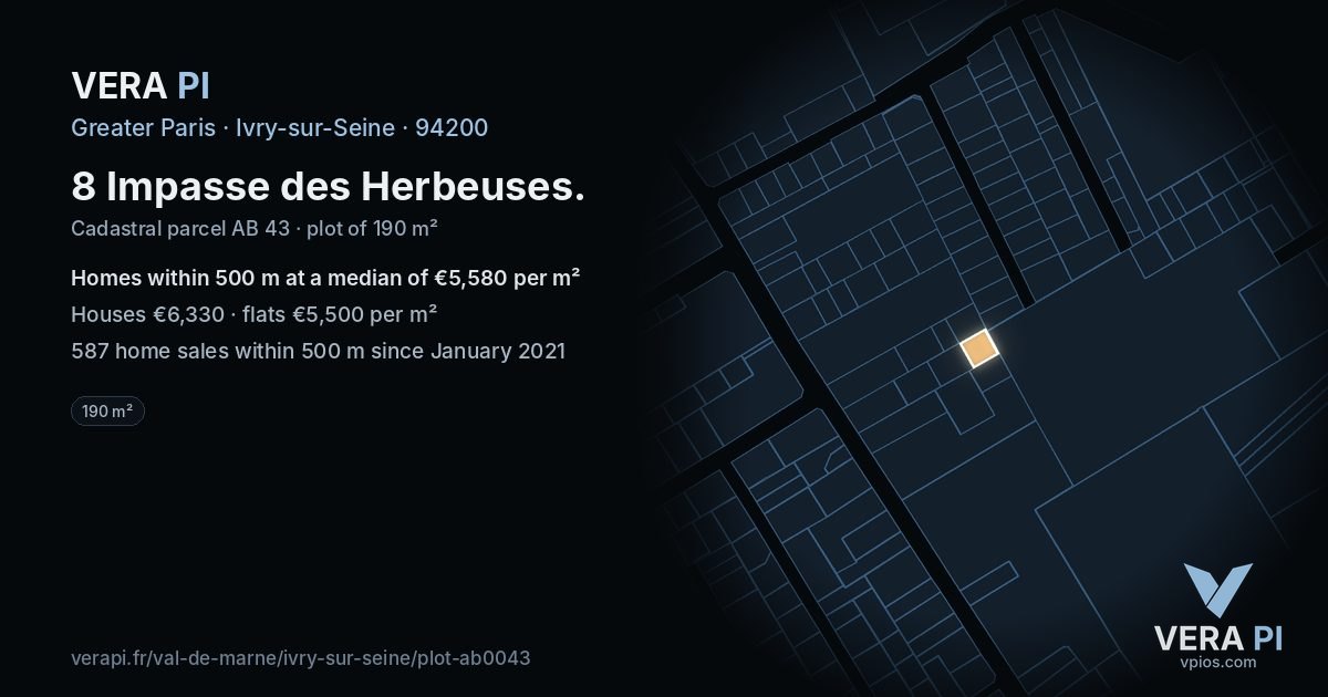 8 Impasse des Herbeuses, Ivry-sur-Seine at night – the plot lit, the parcels around coloured by the prices near them