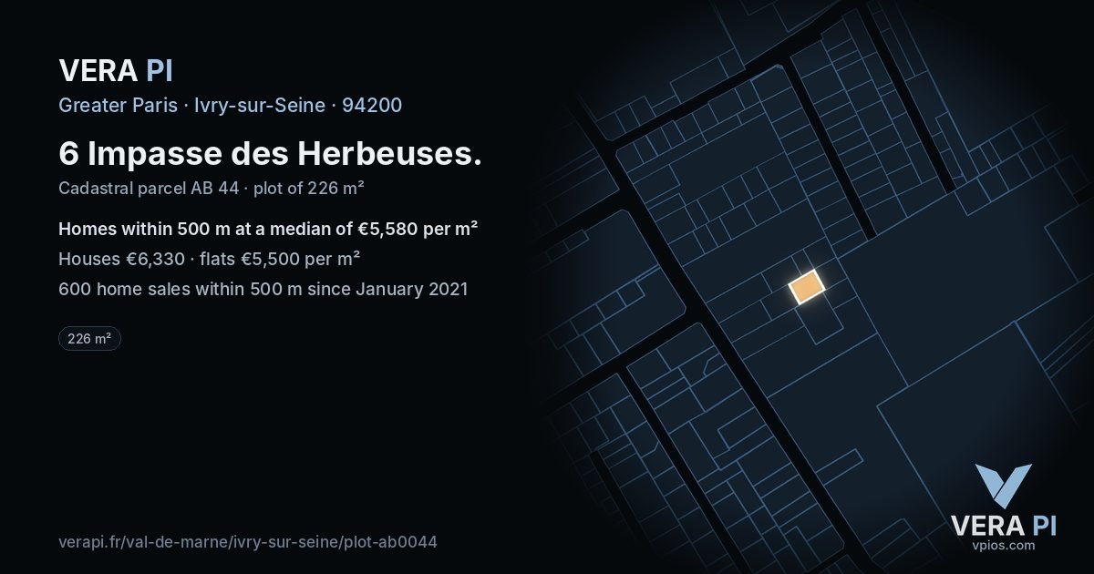 6 Impasse des Herbeuses, Ivry-sur-Seine at night – the plot lit, the parcels around coloured by the prices near them