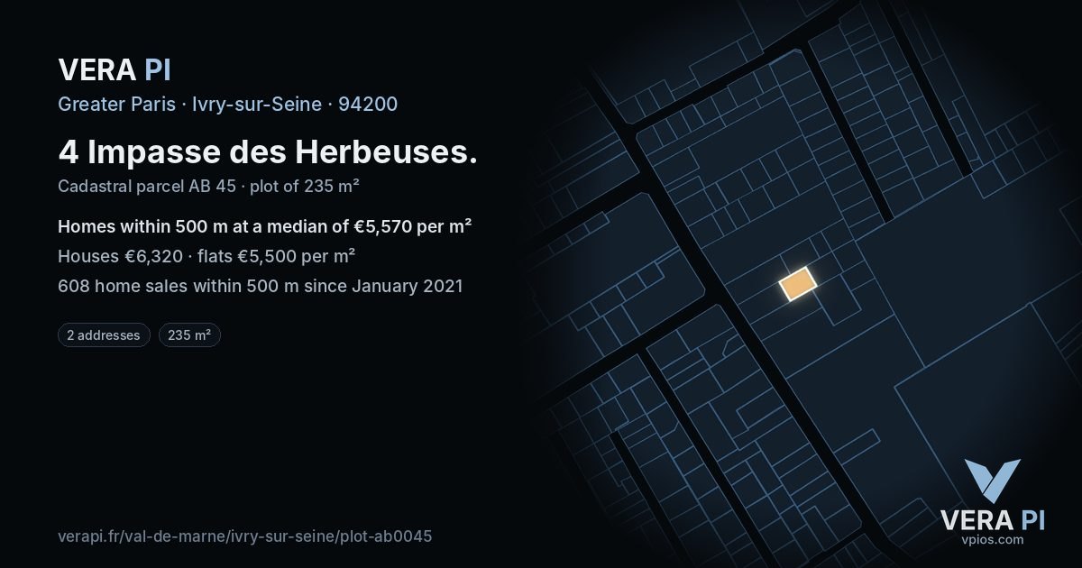 4 Impasse des Herbeuses, Ivry-sur-Seine at night – the plot lit, the parcels around coloured by the prices near them