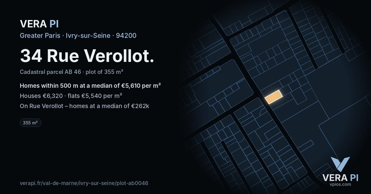 34 Rue Verollot, Ivry-sur-Seine at night – the plot lit, the parcels around coloured by the prices near them