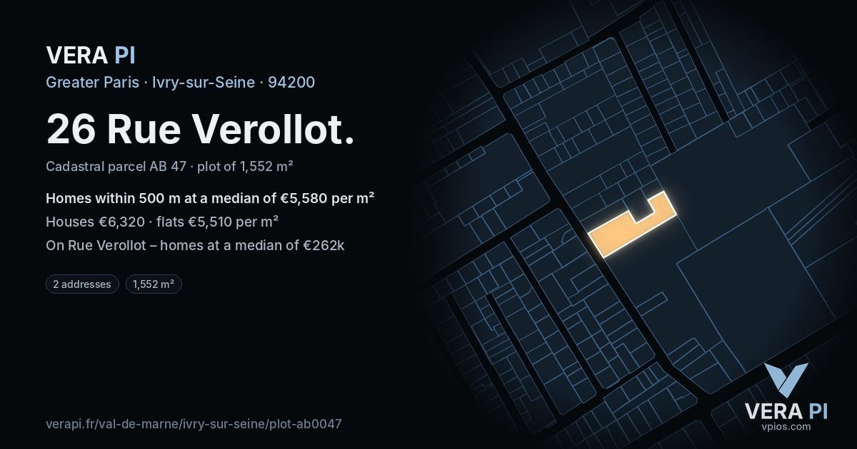 26 Rue Verollot, Ivry-sur-Seine at night – the plot lit, the parcels around coloured by the prices near them