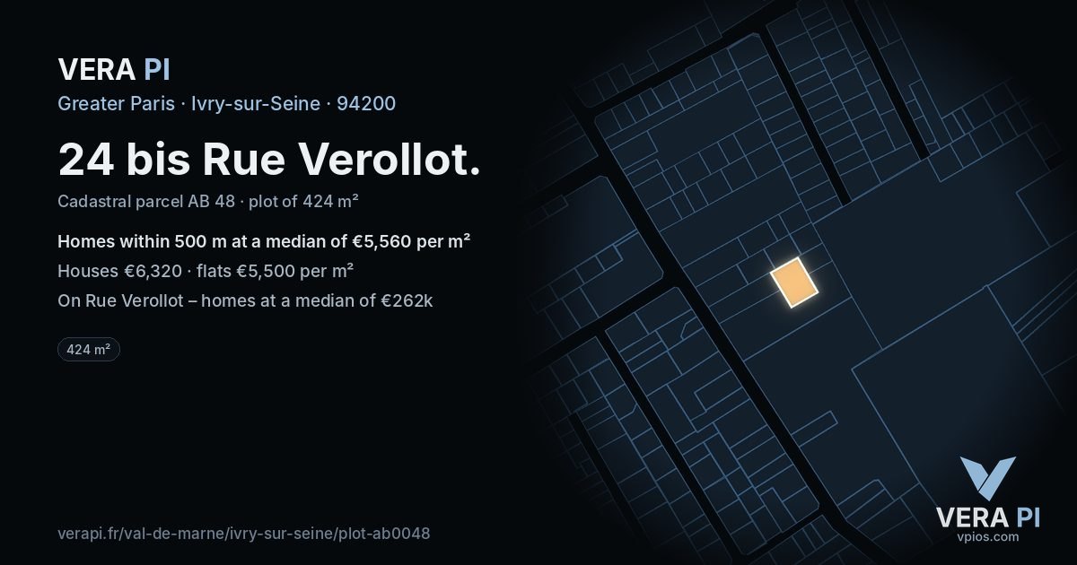 24 bis Rue Verollot, Ivry-sur-Seine at night – the plot lit, the parcels around coloured by the prices near them