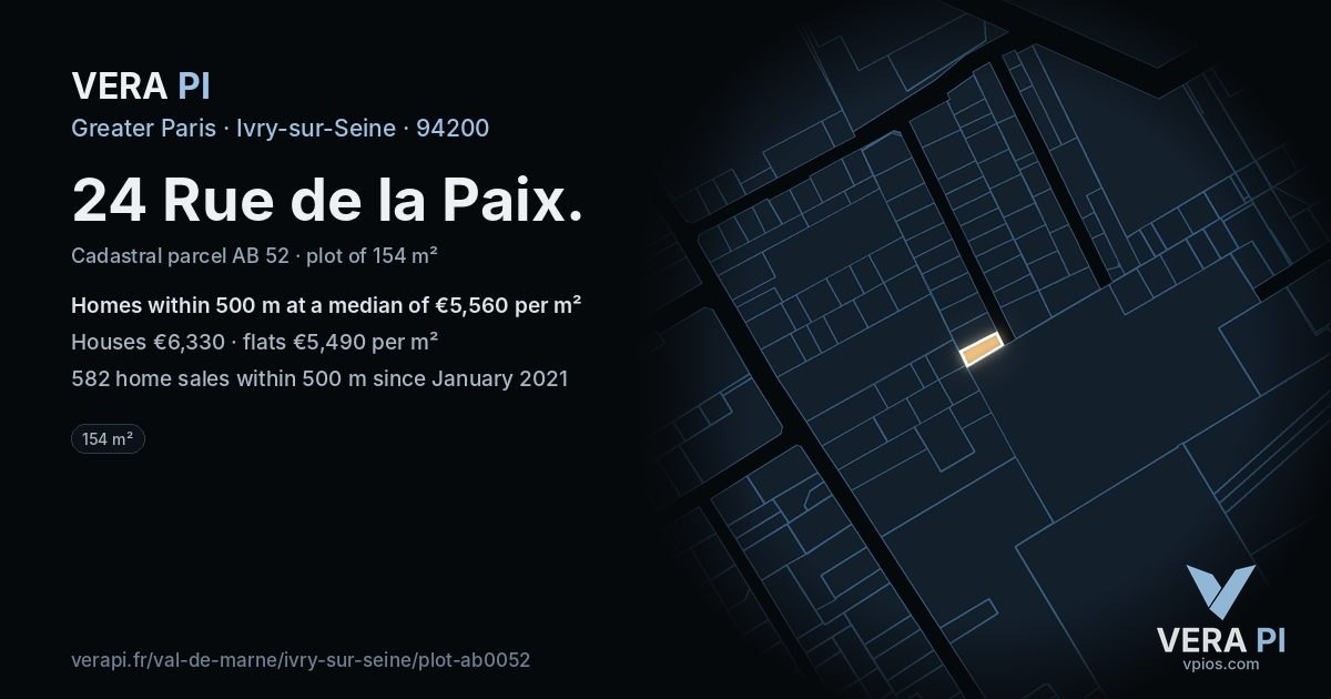 24 Rue de la Paix, Ivry-sur-Seine at night – the plot lit, the parcels around coloured by the prices near them