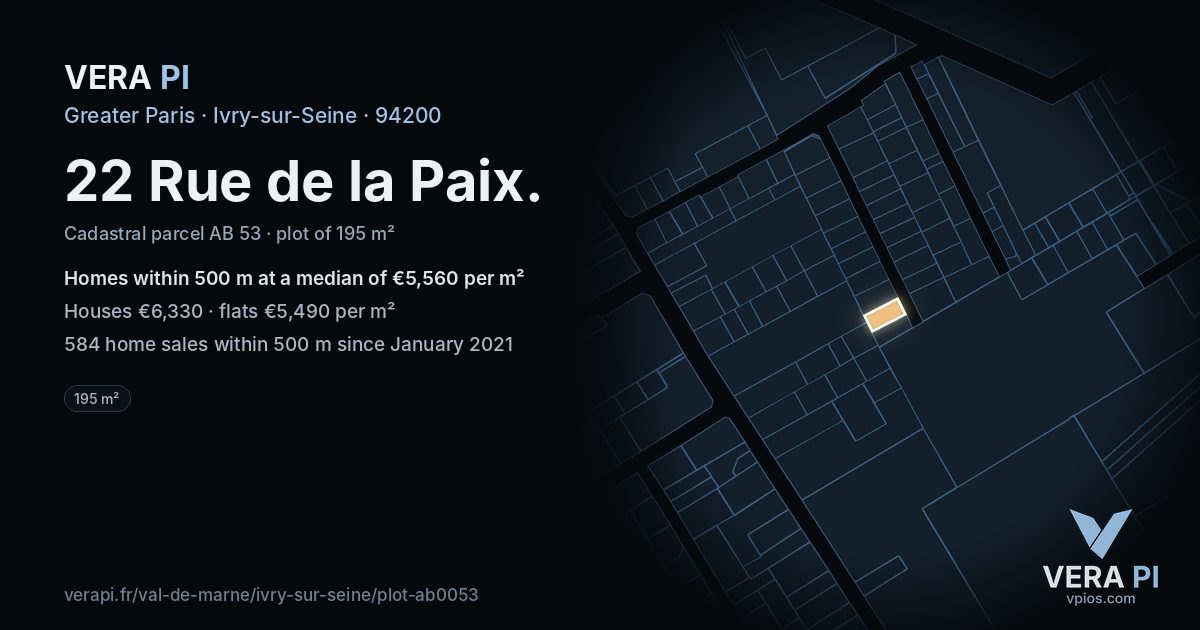 22 Rue de la Paix, Ivry-sur-Seine at night – the plot lit, the parcels around coloured by the prices near them