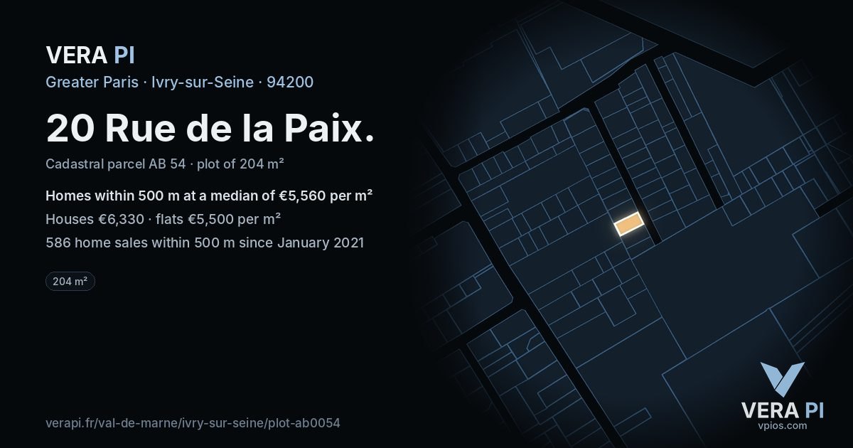 20 Rue de la Paix, Ivry-sur-Seine at night – the plot lit, the parcels around coloured by the prices near them