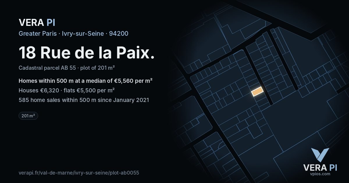 18 Rue de la Paix, Ivry-sur-Seine at night – the plot lit, the parcels around coloured by the prices near them