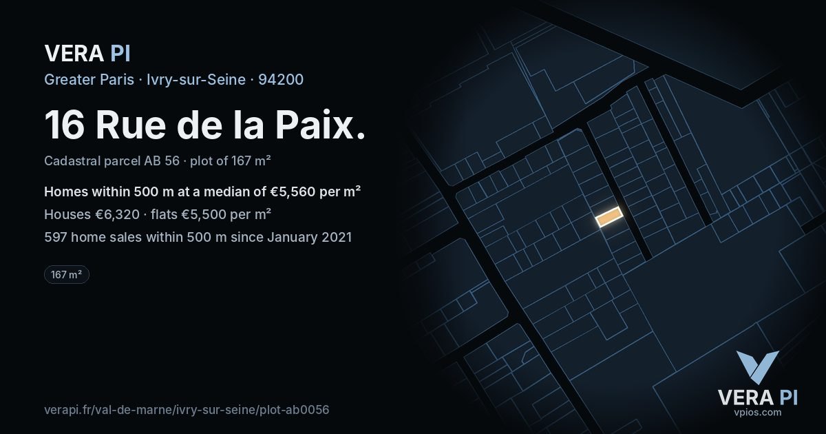16 Rue de la Paix, Ivry-sur-Seine at night – the plot lit, the parcels around coloured by the prices near them