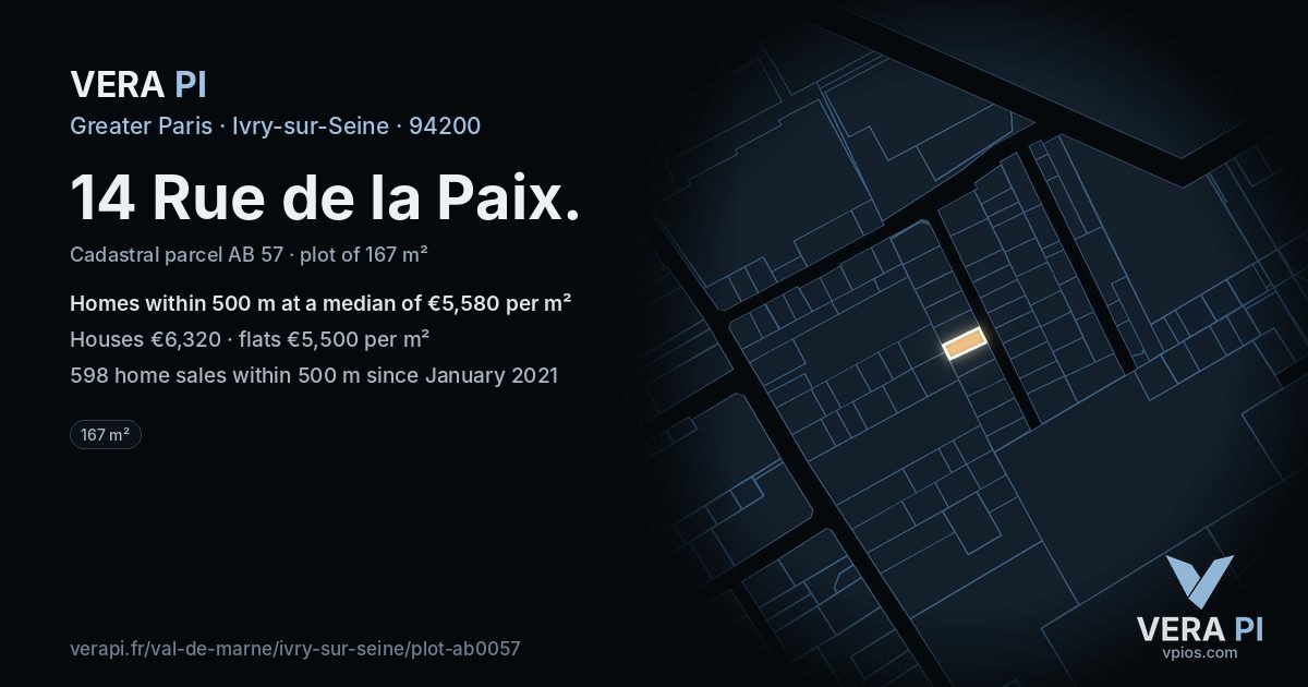 14 Rue de la Paix, Ivry-sur-Seine at night – the plot lit, the parcels around coloured by the prices near them