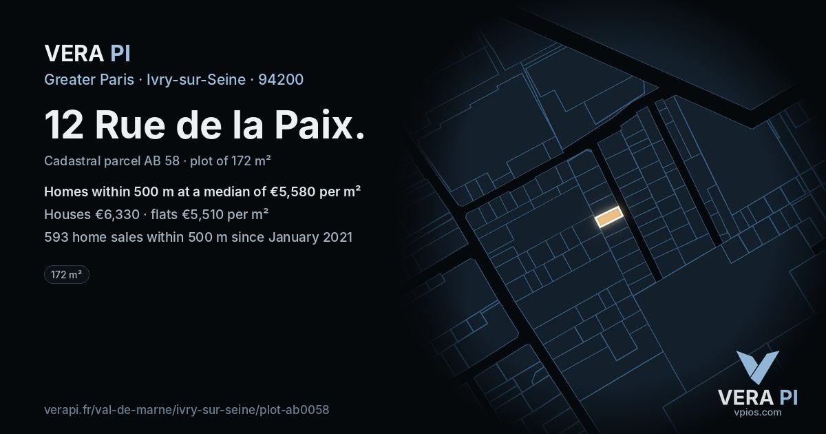 12 Rue de la Paix, Ivry-sur-Seine at night – the plot lit, the parcels around coloured by the prices near them
