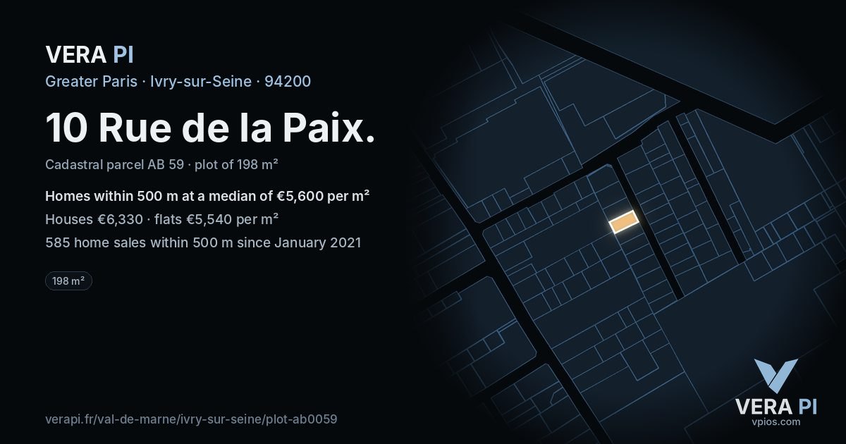 10 Rue de la Paix, Ivry-sur-Seine at night – the plot lit, the parcels around coloured by the prices near them