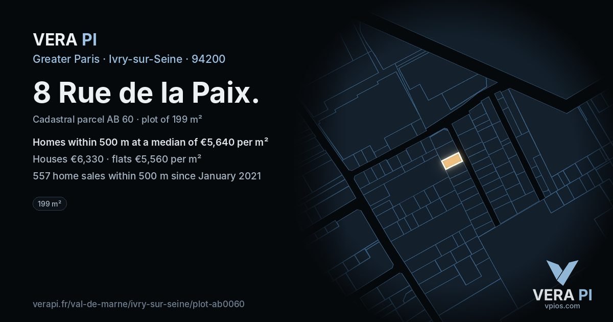 8 Rue de la Paix, Ivry-sur-Seine at night – the plot lit, the parcels around coloured by the prices near them