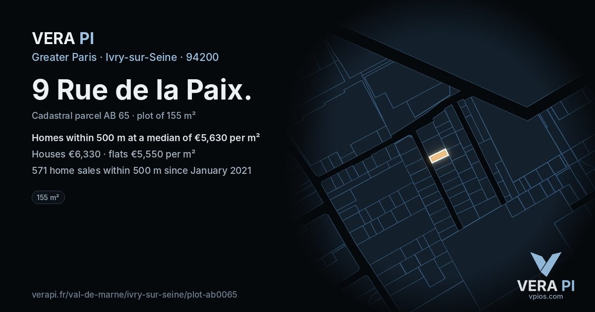 9 Rue de la Paix, Ivry-sur-Seine at night – the plot lit, the parcels around coloured by the prices near them