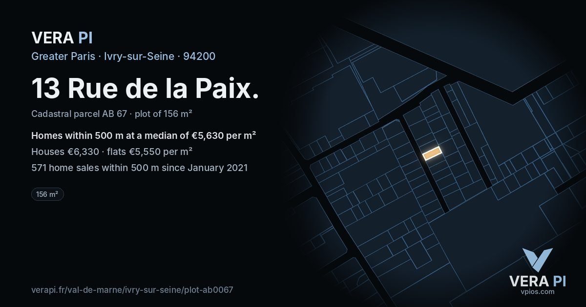 13 Rue de la Paix, Ivry-sur-Seine at night – the plot lit, the parcels around coloured by the prices near them