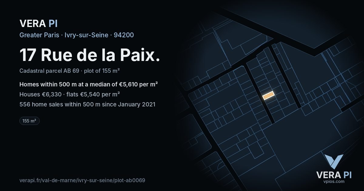 17 Rue de la Paix, Ivry-sur-Seine at night – the plot lit, the parcels around coloured by the prices near them