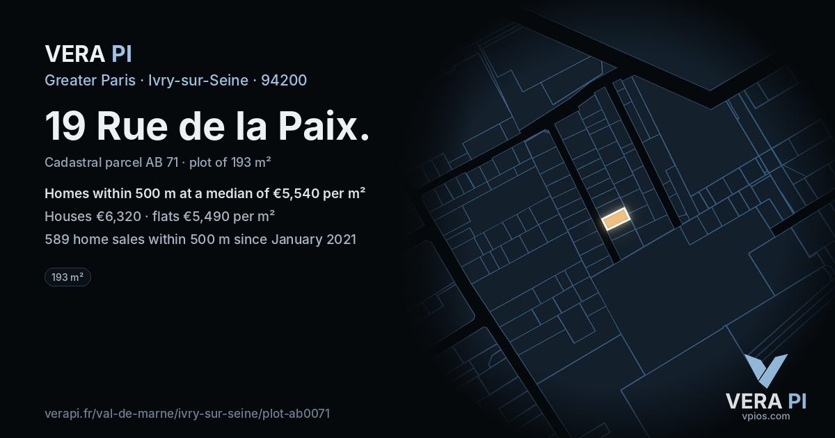 19 Rue de la Paix, Ivry-sur-Seine at night – the plot lit, the parcels around coloured by the prices near them