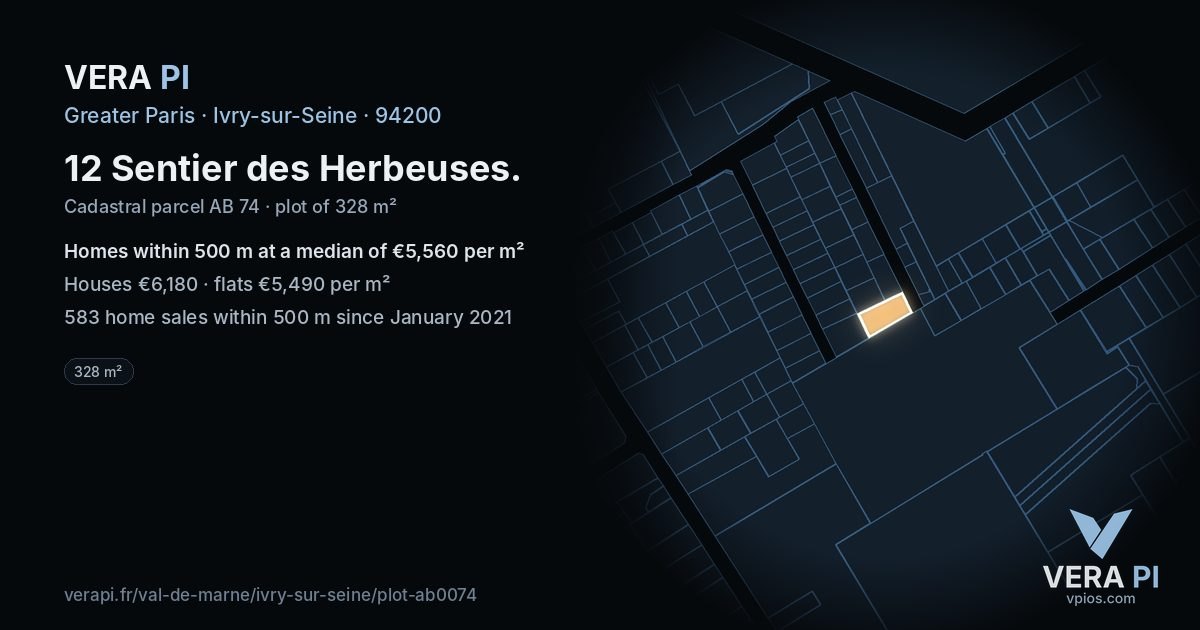 12 Sentier des Herbeuses, Ivry-sur-Seine at night – the plot lit, the parcels around coloured by the prices near them