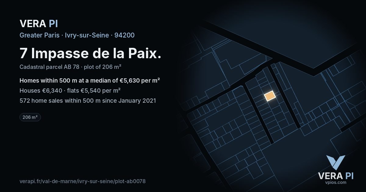 7 Impasse de la Paix, Ivry-sur-Seine at night – the plot lit, the parcels around coloured by the prices near them