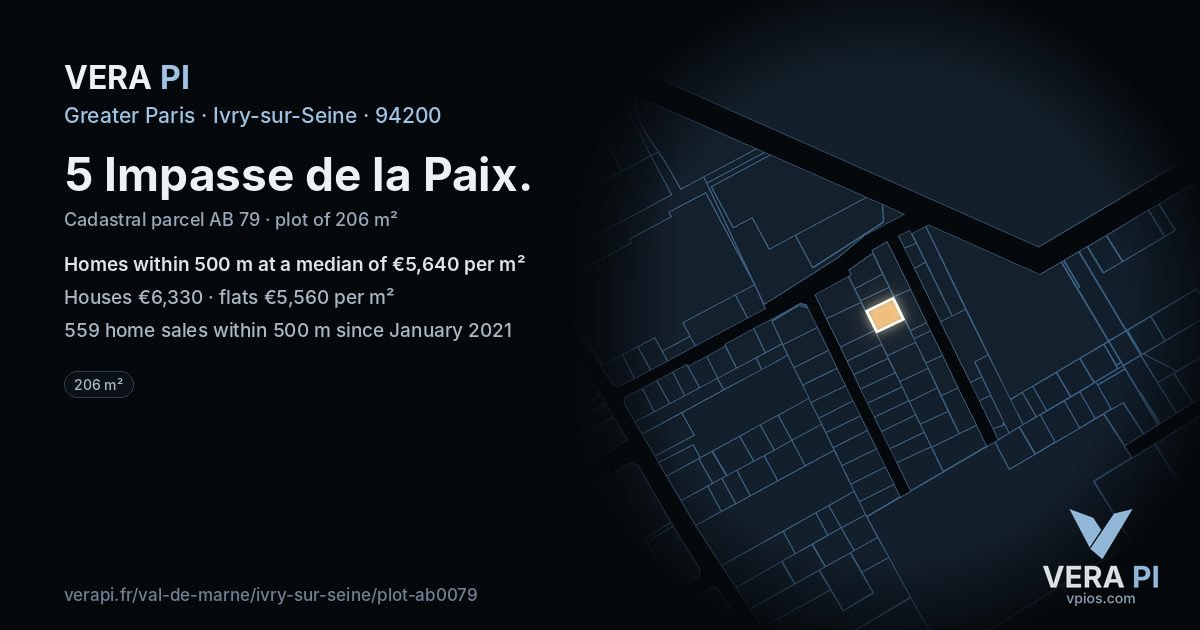 5 Impasse de la Paix, Ivry-sur-Seine at night – the plot lit, the parcels around coloured by the prices near them