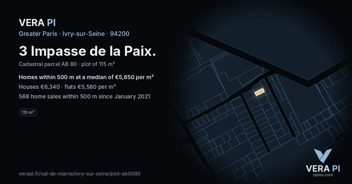 3 Impasse de la Paix, Ivry-sur-Seine at night – the plot lit, the parcels around coloured by the prices near them