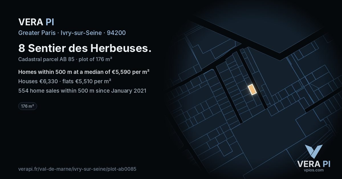 8 Sentier des Herbeuses, Ivry-sur-Seine at night – the plot lit, the parcels around coloured by the prices near them