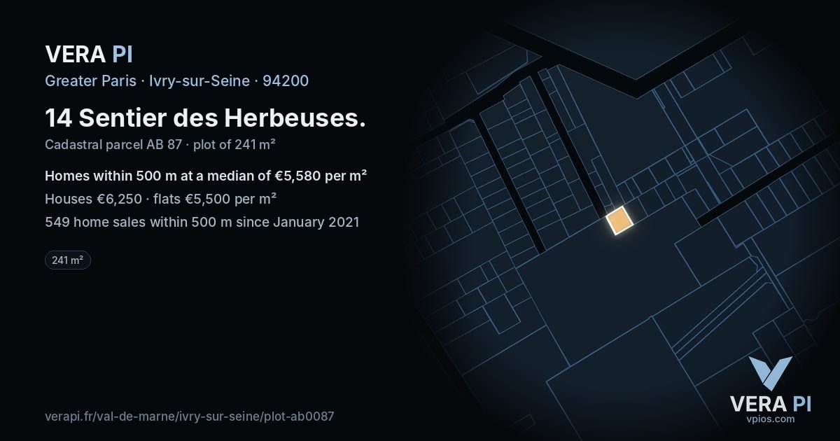 14 Sentier des Herbeuses, Ivry-sur-Seine at night – the plot lit, the parcels around coloured by the prices near them