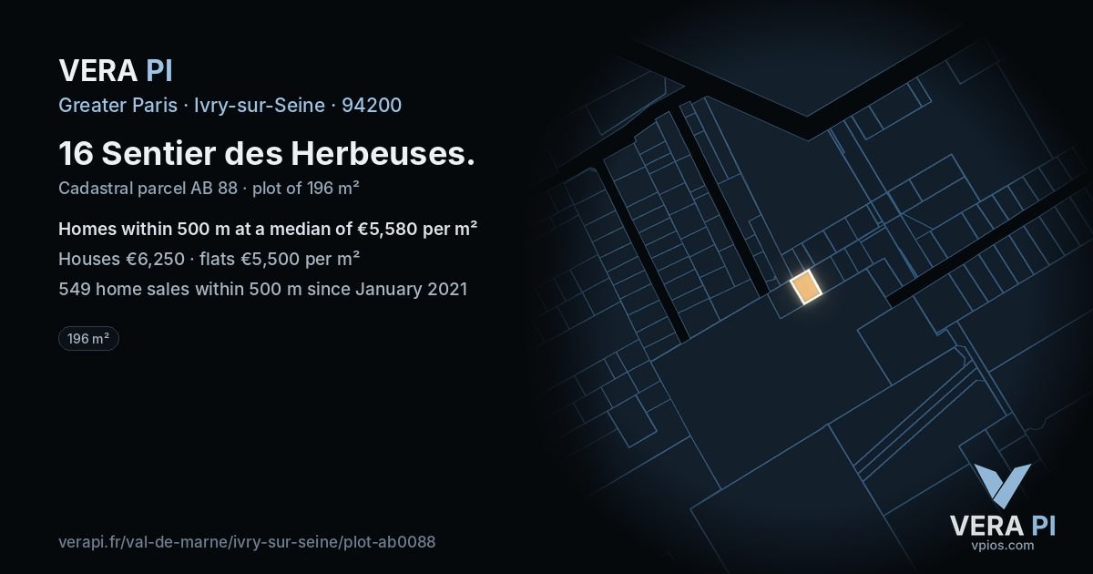 16 Sentier des Herbeuses, Ivry-sur-Seine at night – the plot lit, the parcels around coloured by the prices near them
